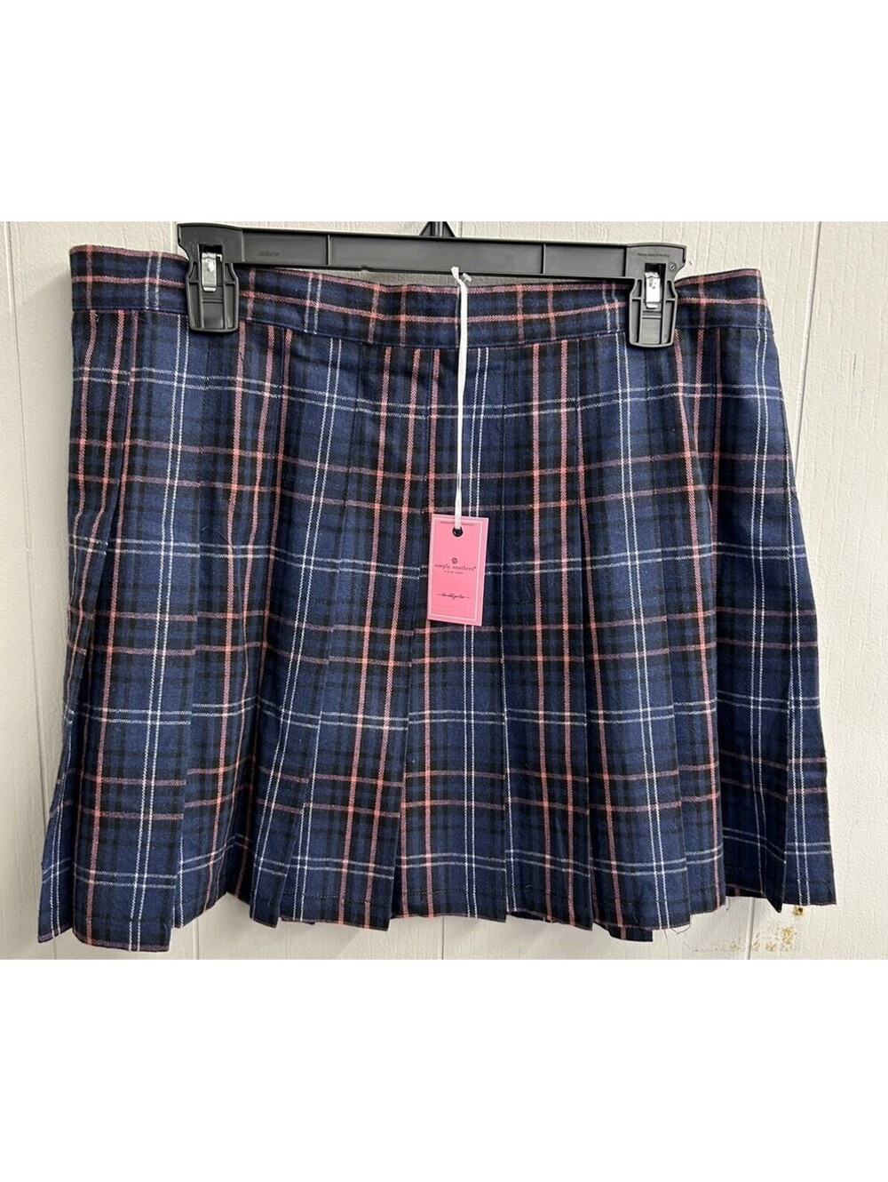 Simply Southern  Preppy  Pleated Skirt. Blue Plaid. Elastic Waist. Size L.  NWT